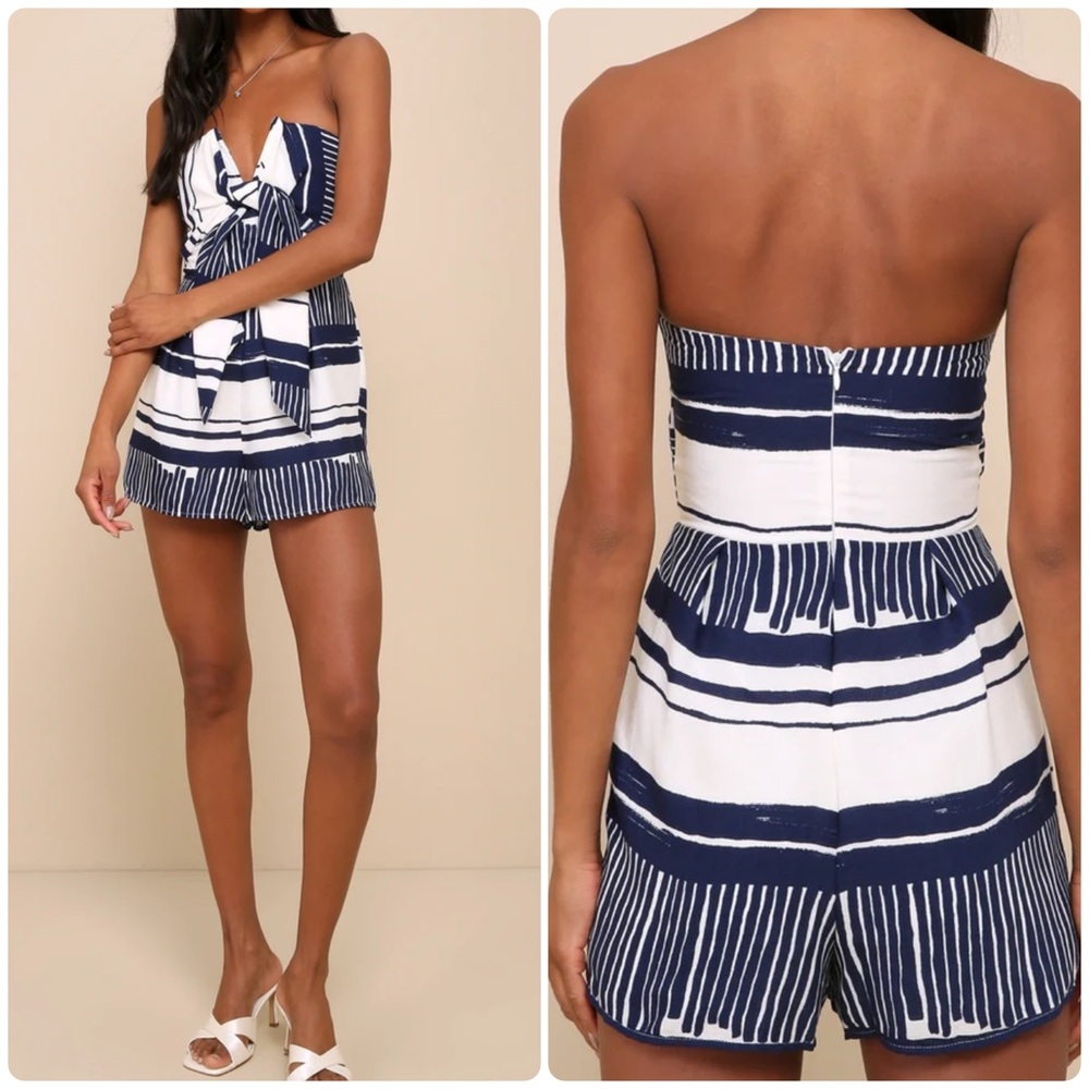 Lulus Delphi Blue and White Striped Tie-Front Strapless Romper